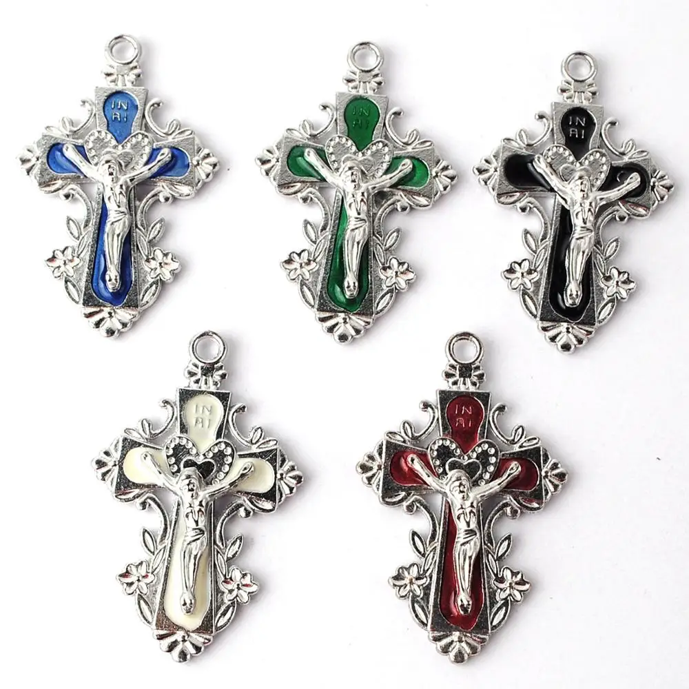 

54x34mm colorful Crucifix with enamel, Green, white, black,blue, red,