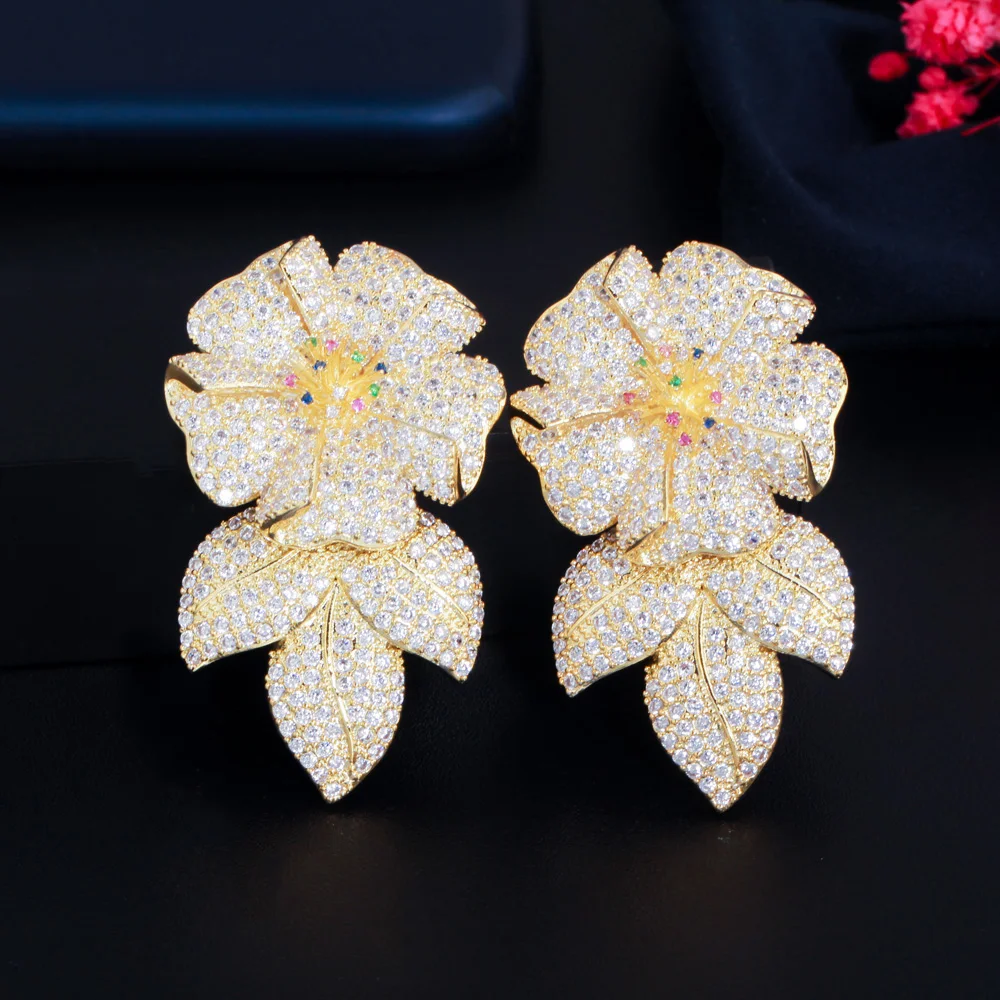 

Luxury Statement Cubic Zircon Flower Drop Long Big Earrings for Women African Dubai Gold Plated Bridal Wedding Costume Jewelry