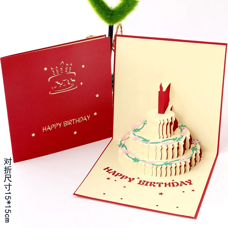 3D Pop-Up Birthday Cake Candles Greeting Card Greetings Postcards Supplies 