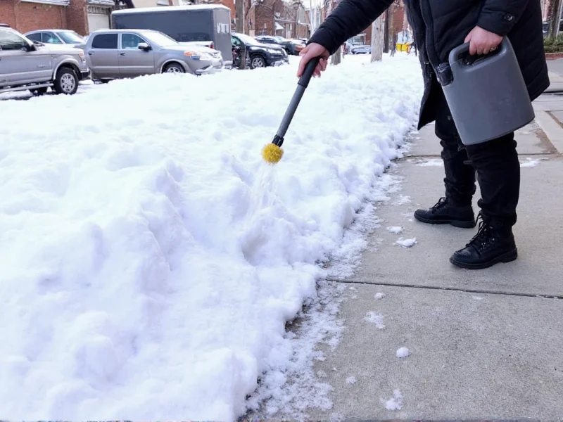 Applying DIY ice melt solution to snowy sidewalk with watering can