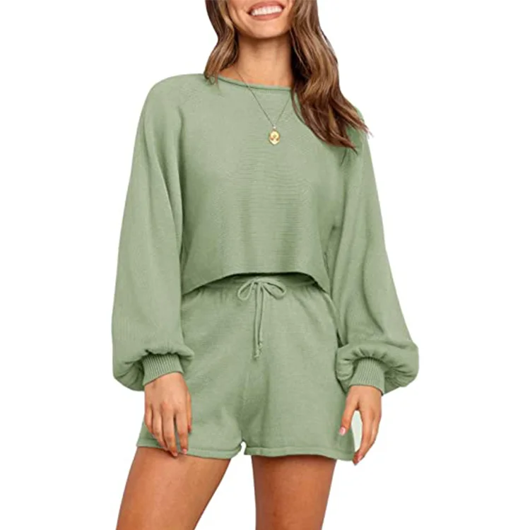 

OEM Casual Long Sleeve Solid Color Knit Pullover Sweatsuit 2 Piece Short Sweater Outfits Sets plain sweat suit, Customized colors