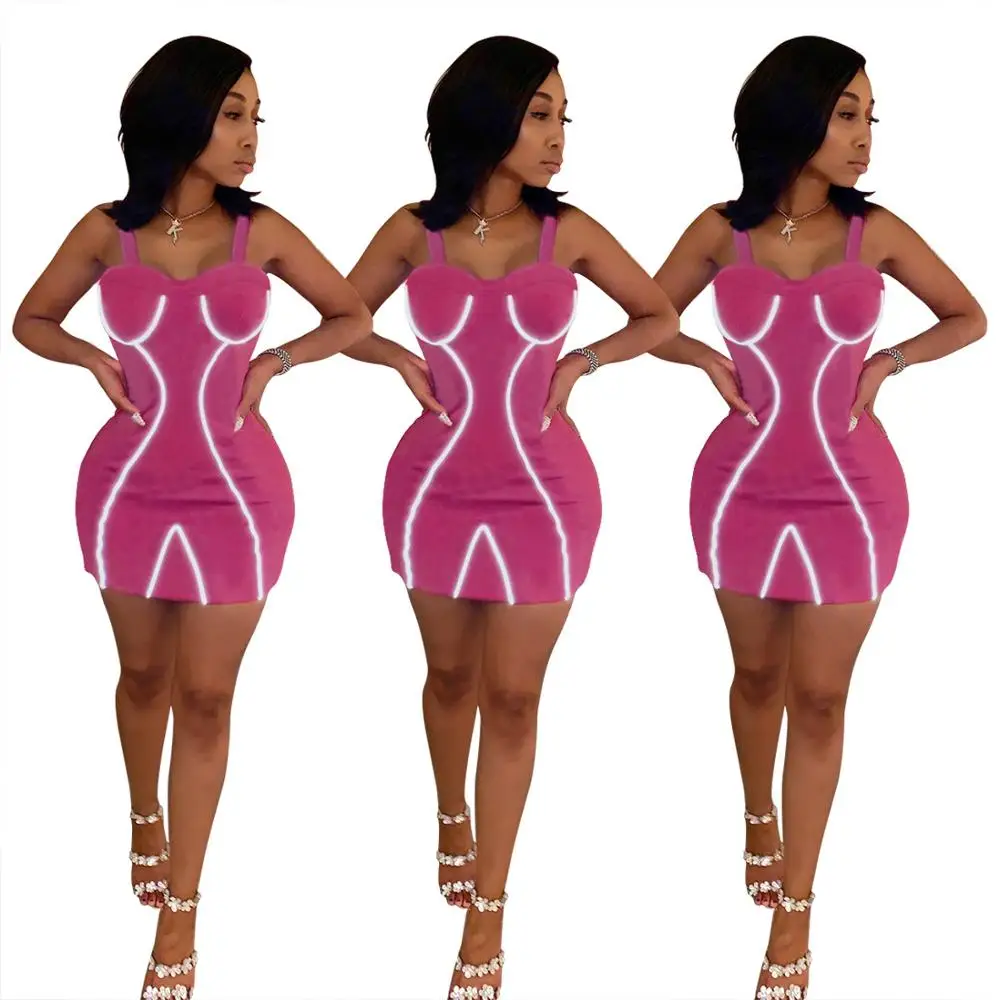 

Sexy Reflective Rose Red Mini Dress Bodycon Women Backless Party Dresses MN Q274