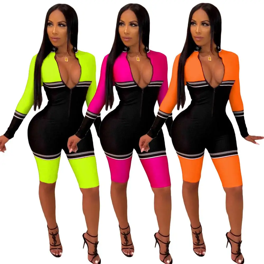 Fashion Neon Women Long Sleeve Biker Shorts Jumpsuit Patchwork One Piece Rompers Womens Jumpsuit