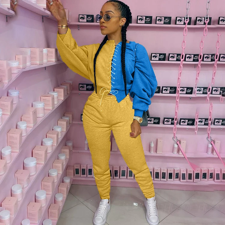 

2021 Ladies Trendy Cotton Jogger Two Pieces Pants Set Lace Up Womens Contrast Color Tracksuit 2 Piece Suits Fall Women Clothing, Yellow,black,gray,blue,red,orange