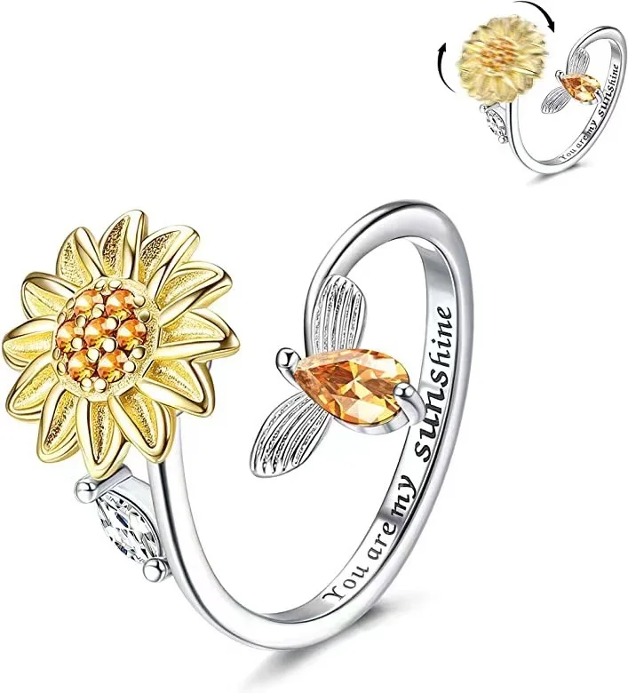 

Rotatable Sunflower Ring Lettering Adjustable Anxiety Relief Open Rings Decompressed Zircon Spinner Ring