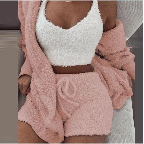 

Wholesale new trendy plush home casual wear 3 piece set women plus size long sleeve crop vest shorts winter pajamas, Photo shows