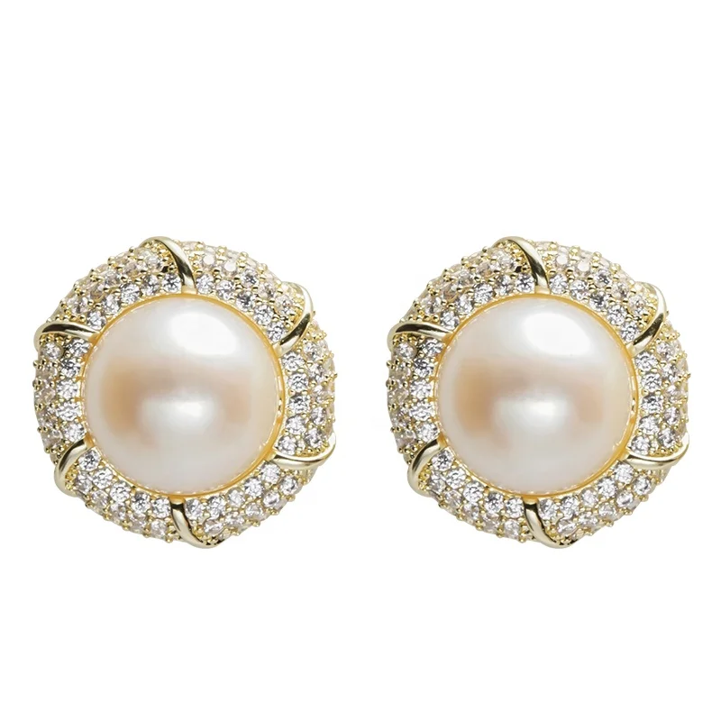 

Wholesale Fashion Mother's Day Gift 14K Gold Plating Big Pearls  Natural Freshwater Pearl Earring Jewelry, White