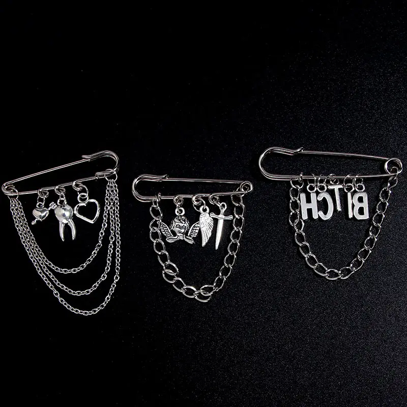 

Bar Party Chic Metal Bijoux Vintage Tassel Multi-layer Chain Pins For Men Women Hip Hop Punk Letter Angel Heart Pendant Brooch, Silver color