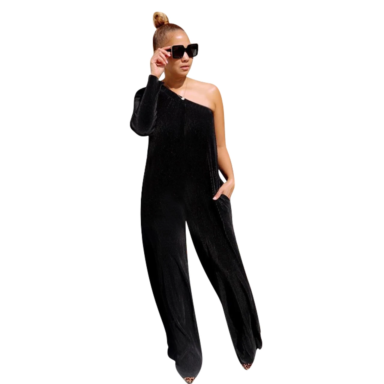 

YD-FE062 New arrivals sexy off the shoulder long sleeve solid color halter jumpsuit for women
