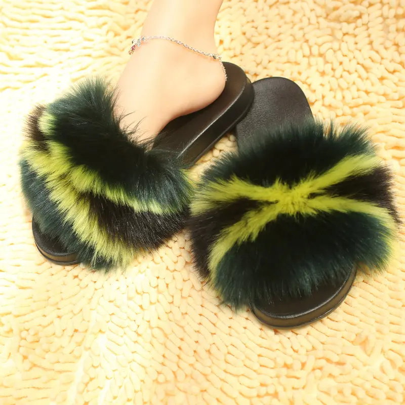 

Wholesale women fluffy faux fox fur slippers ladies soft comfortable fur slides, Red green purple pink blue black brown