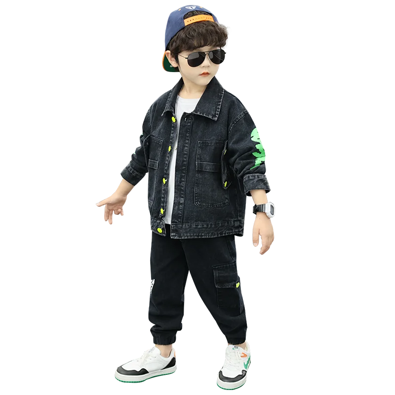 

Children's clothing boys autumn suits 2021 new children's printed spring and autumn denim two-piece suit