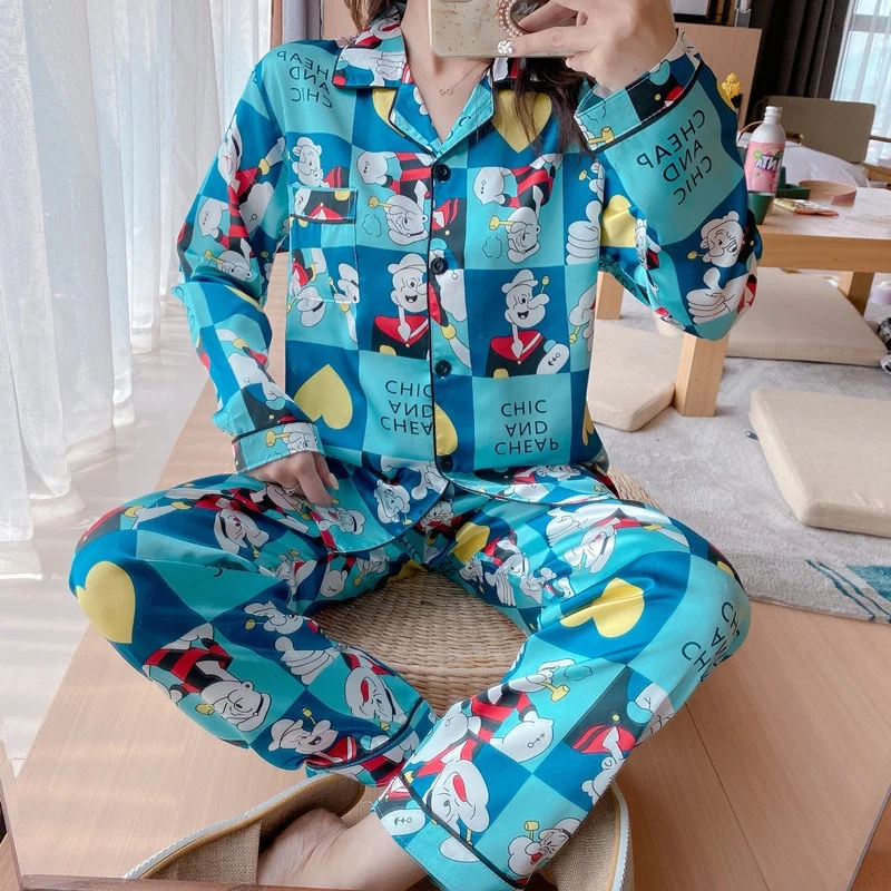 

Professional Women Sleepwear Cartoon Printed Satin Wholesale Pajamas For Women