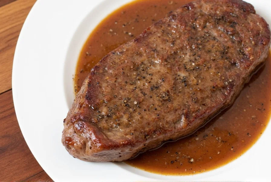 Sliced ribeye steak with glossy black pepper sauce drizzled artistically over the top, served with roasted vegetables