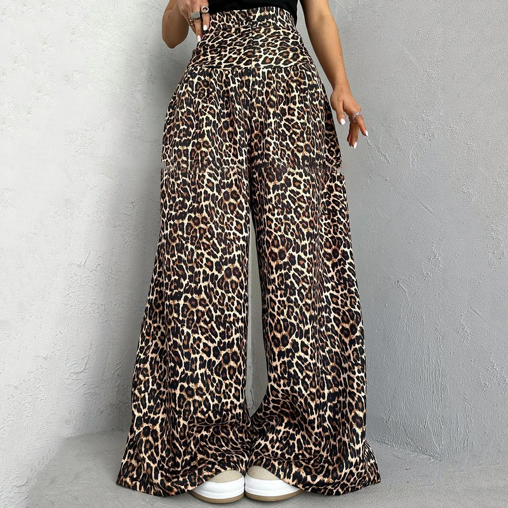 TWOTWINSTYLE New Design Casual Women's Pants Trousers Leopard High Waist Stretch Fabric Wide Leg Pants for Ladies