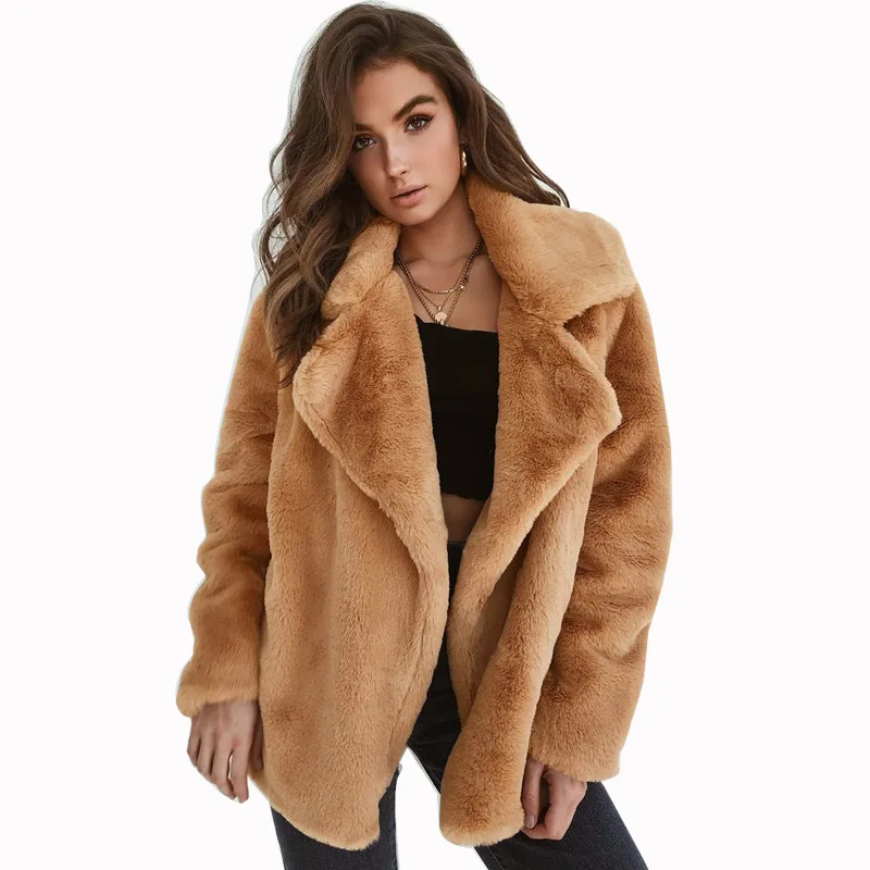 

Winter Autumn Casual Solid Color Furry Fluffy Jacket Streetwear Shaggy Faux Fox Fur Plush Lapel Comfortable Slim Womens Coats, 6 colors