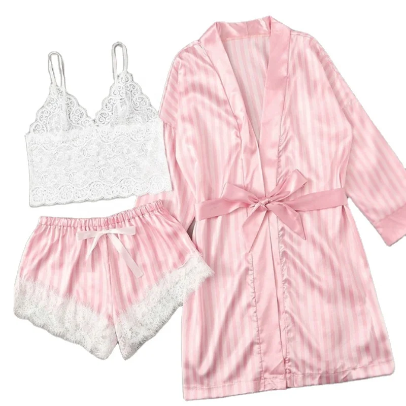 

Factory Outlet Robe Femme Silk Pyjama Lenceria Mujer Pijamas Satin Sleepwear Women 3 Pieces Lace Pajamas Sexy Lingerie Set
