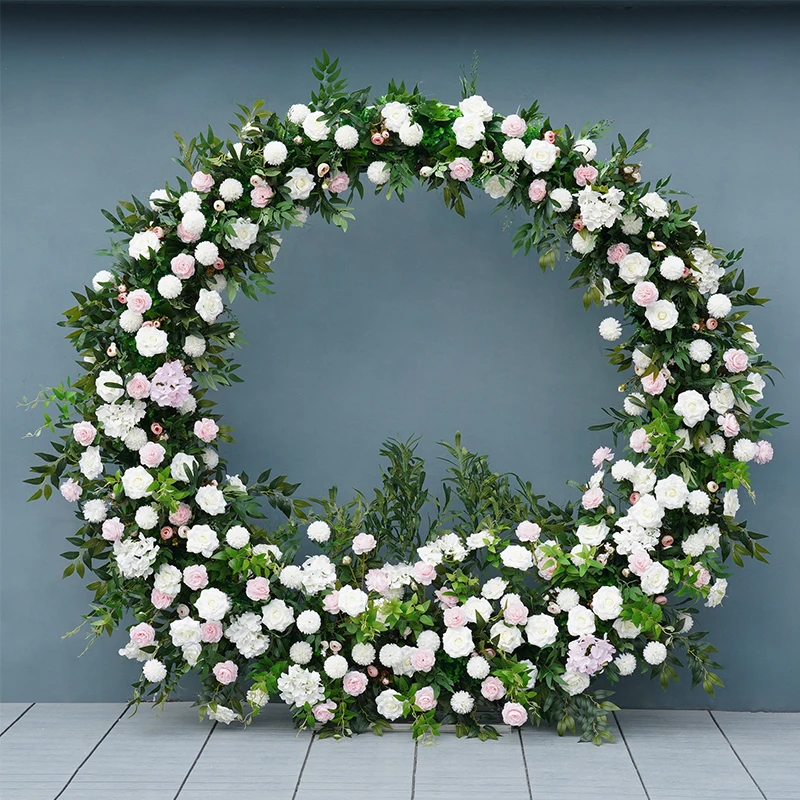 

White Pink Rose Green Willow Leaf Floral Arrangement With Wedding Round Arch Frame Event Party Stage Flower Stand Window Display