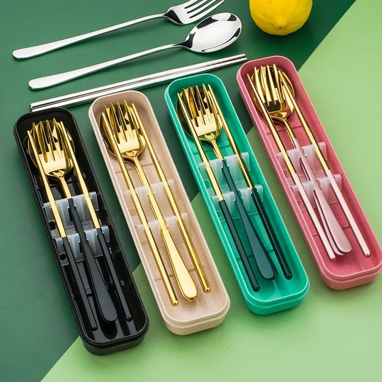 

Travel korean modern bulk black gold stainless steel cutlery flatware set with packaging, Silver / gold / white gold / green gold / pink gold / black gold