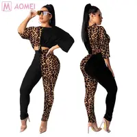

S3073 new style leopard patchwork half sleeve Crop Top Set 2 Piece Clothing Women Wholesale