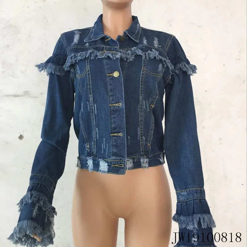 

*GC-00818 2020 new arrivals design ripped long Wholesale sexy Latest Design in-stock sleeve ruffles denim jackets women, As picture or customized make