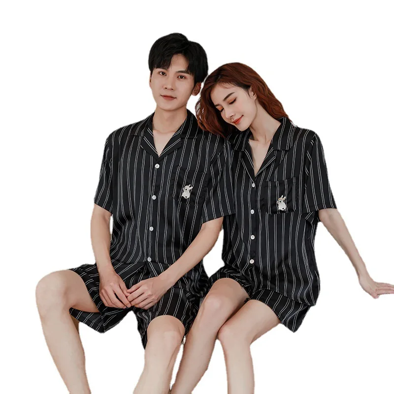 

European style women's short-sleeved clothes and shorts spring and summer New Ice Silk couple pajamas artificial silk homewear