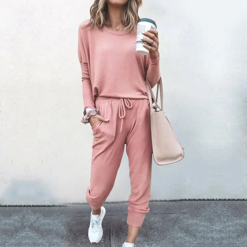 

Fashion spring ladies loose solid color long sleeve casual two piece set 2 pcs sportwear women casual track suit clothes, Picture