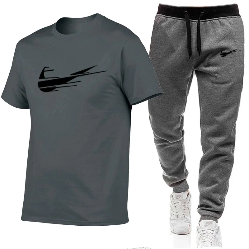 

Manufacturer wholesale men's short-sleeved T-shirt +long pants casual running beach two-piece suit