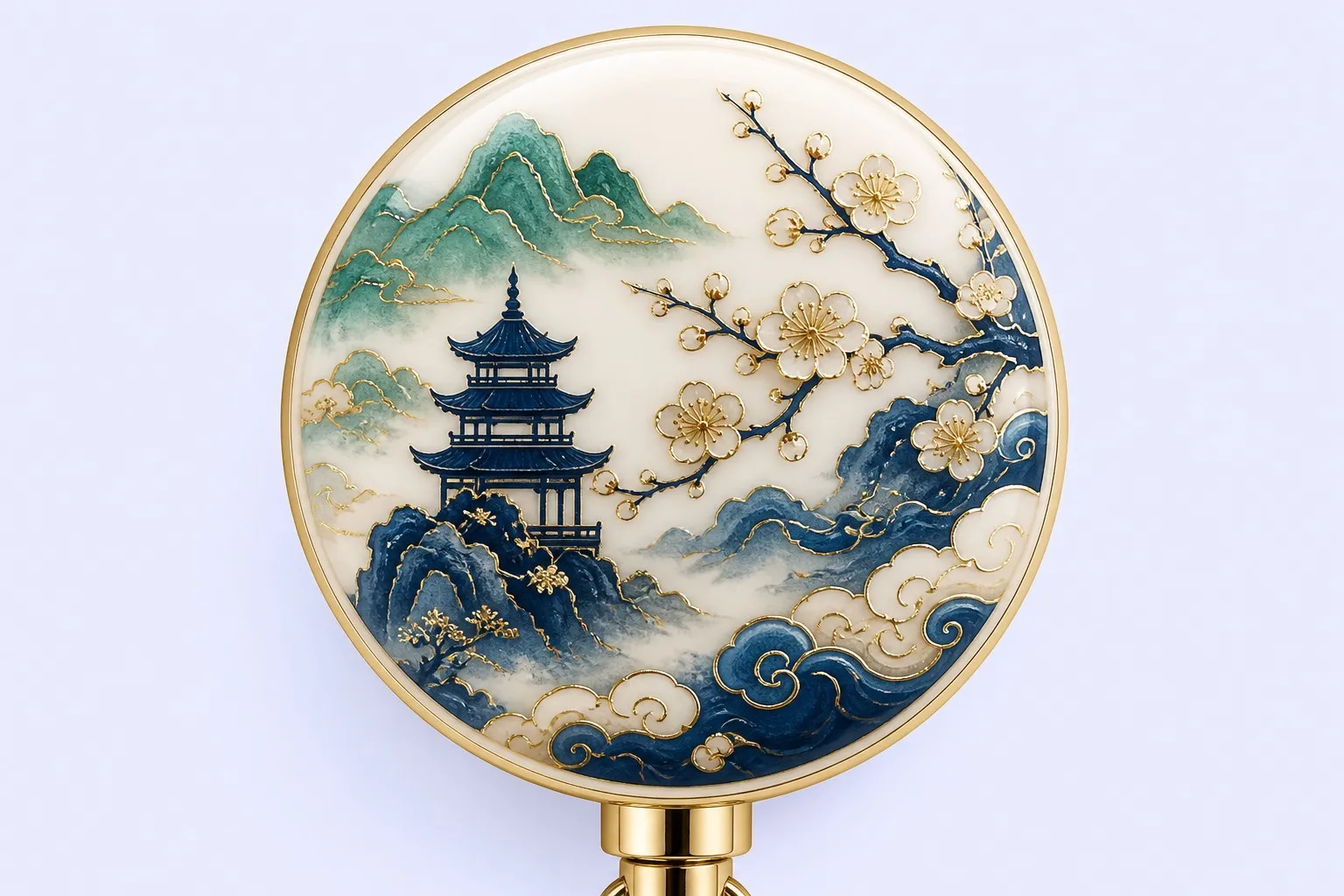 Close-up of the pagoda and mountain artwork on the badge reel