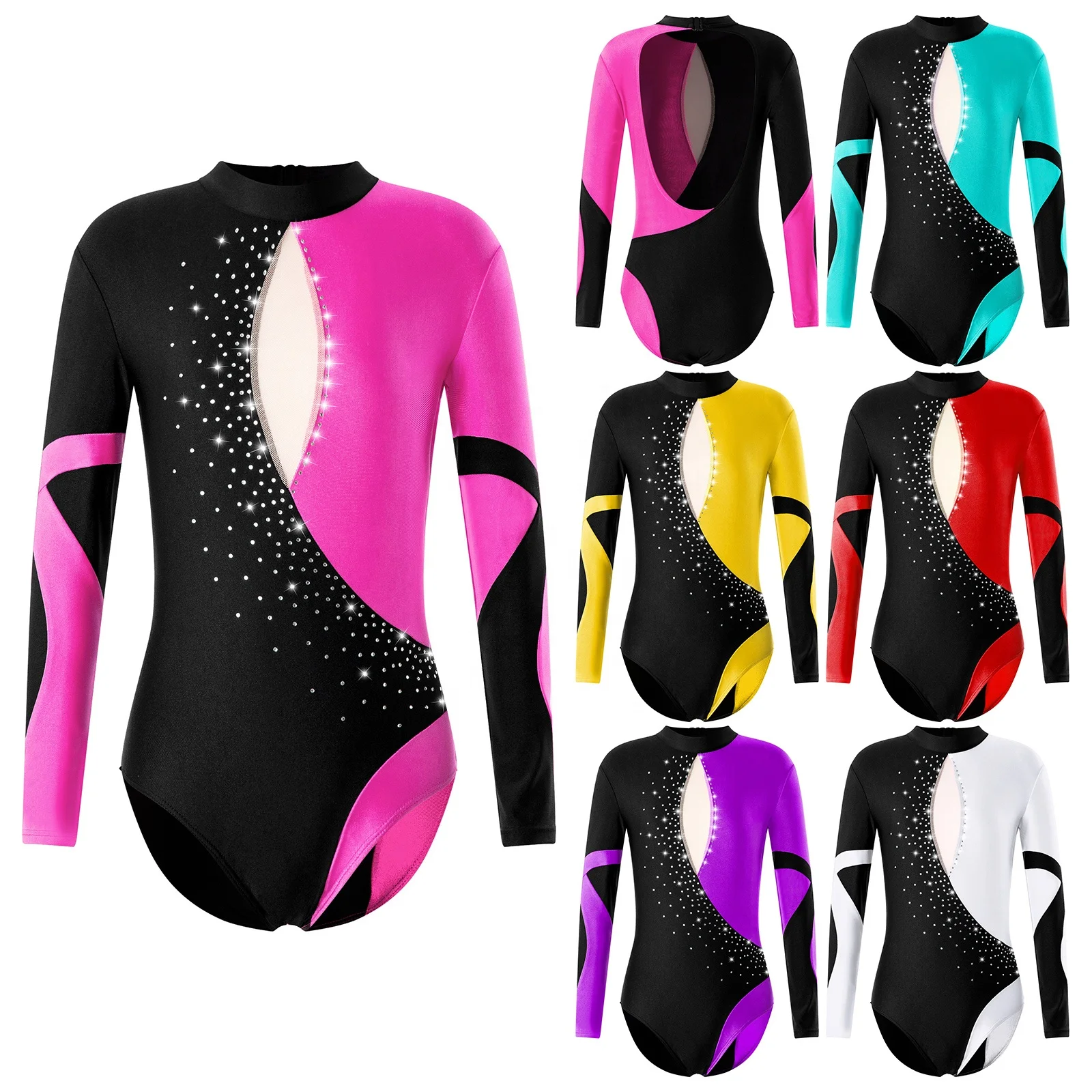 

Children Girls Long Sleeve Open Back Shiny Diamonds Adorned Mesh Patchwork Leotard for Dance Skating Gymnastic