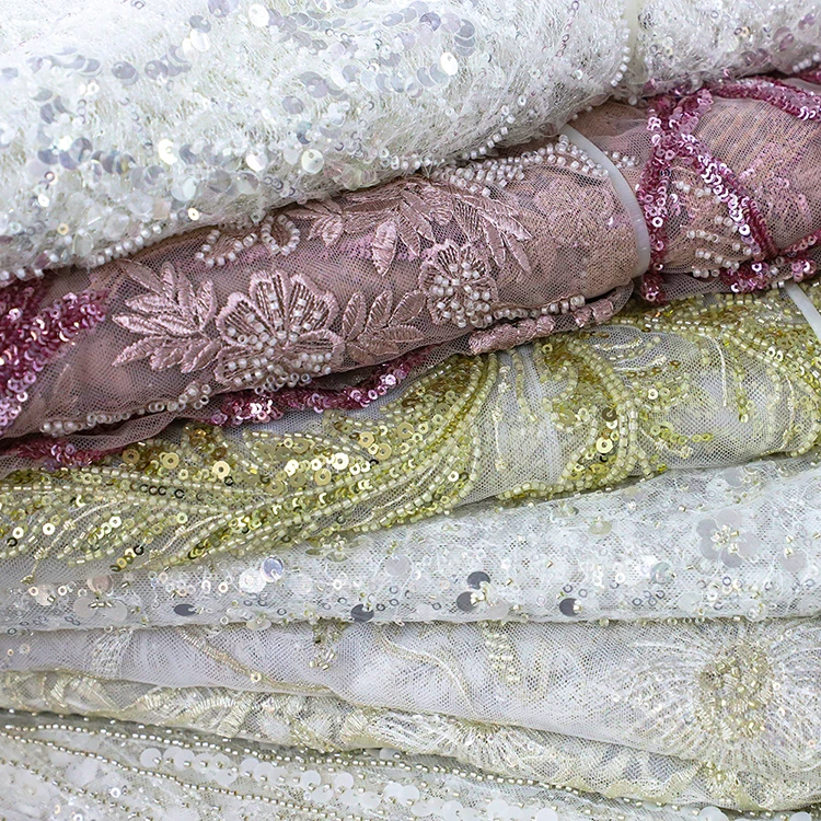 

mx568 New Product tulle mesh Sequins Lace fabric for Wedding Dress White Sequin Beaded Embroidery