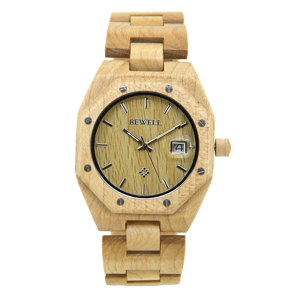 

OEM men watch quartz movement unique shape wood case golden hour watch with wooden box packaging wristwatch