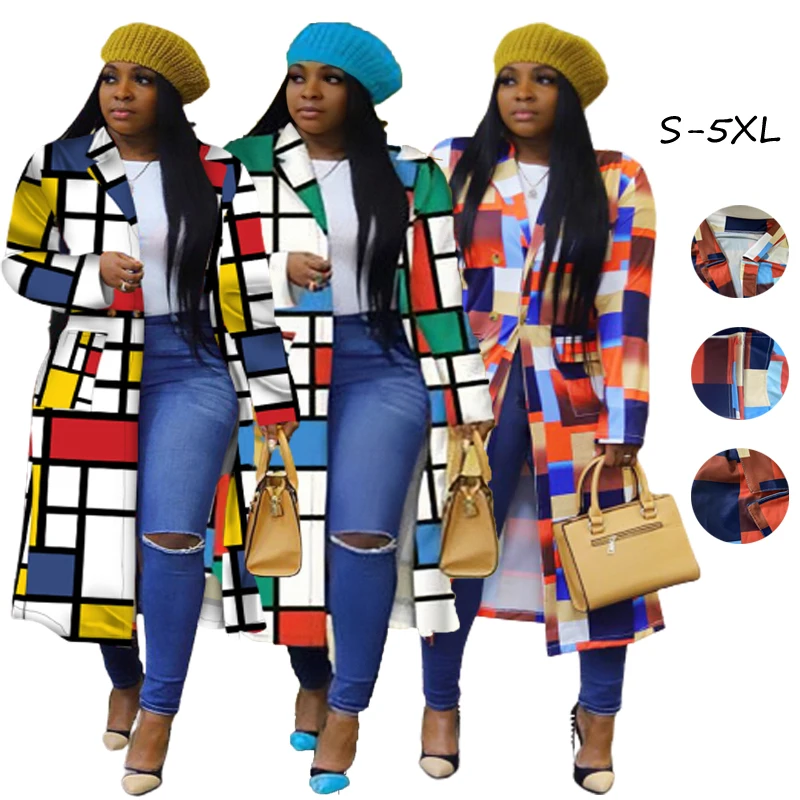 

Fall Clothes Winter Abrigo Largo Plaid Print Patchwork Plus Size Women Long Trench Coat