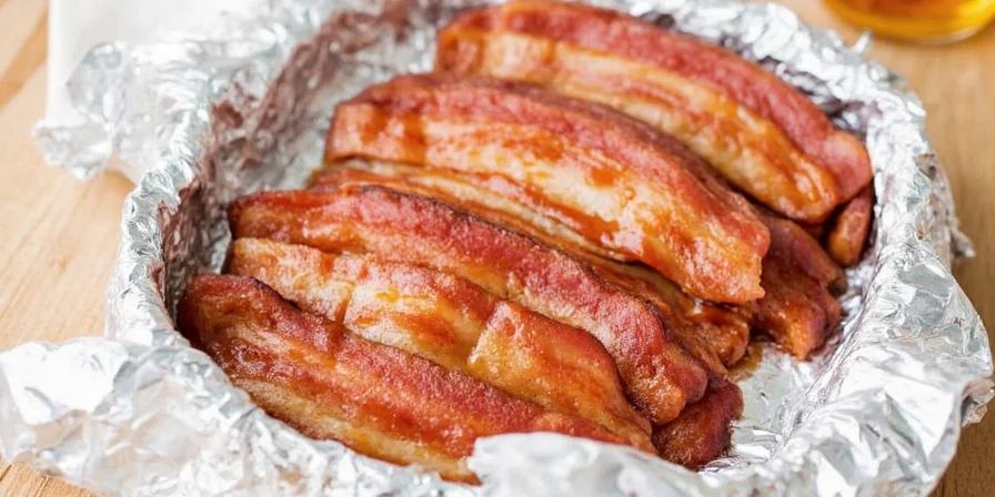 Close-up shot of glazed bacon with spices visible