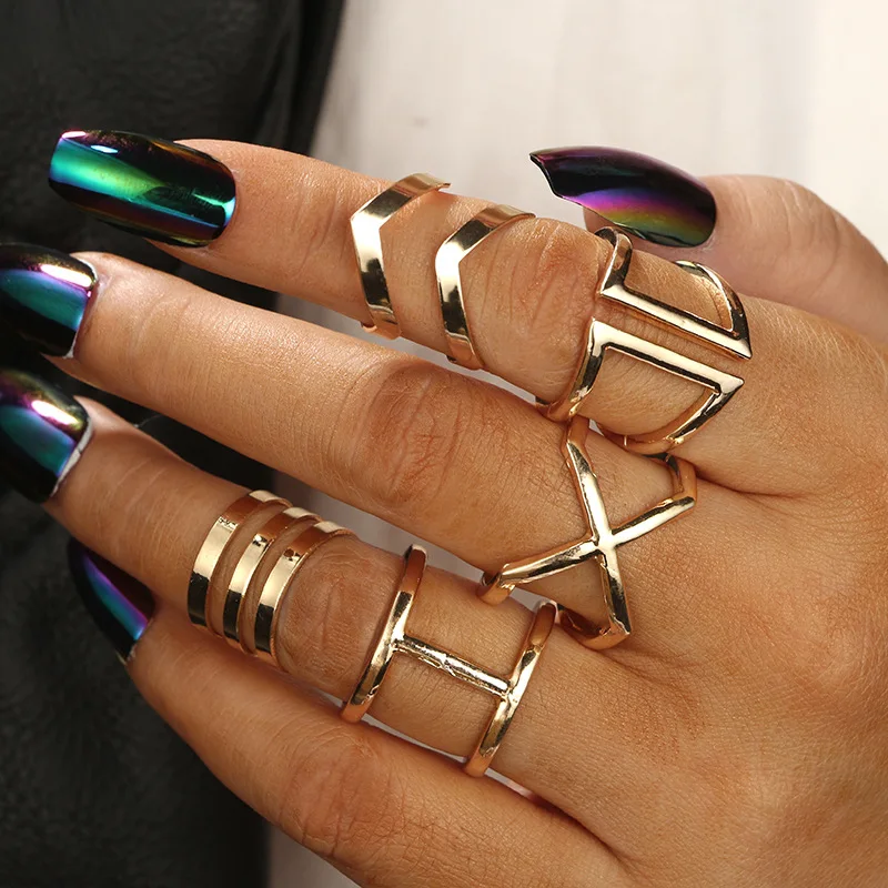 

5pcs/set trendy gold plating big exaggerated cross rings set women jewelry