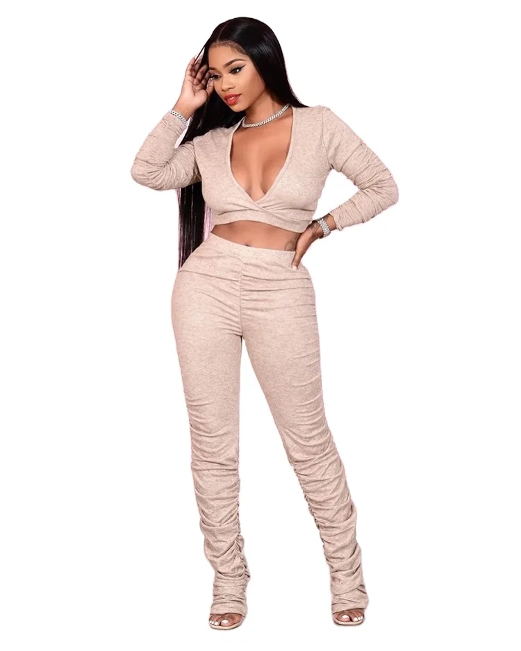 

L07070 2021 spring clothing long sleeve v-neck tops and stacked pants set women outfits Women 2pc Outfits, Picture