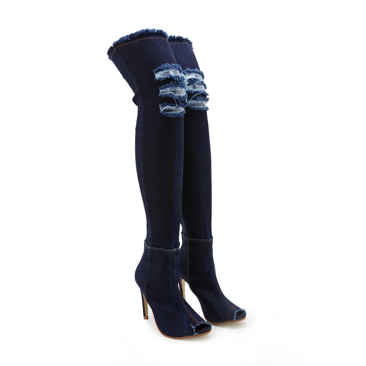 

Women Designer High Heels Spring Fall Peep Toe Over The Knee Tight Stiletto Jeans Cowboy Boots, Black light blue sky blue colorful blue deep blue