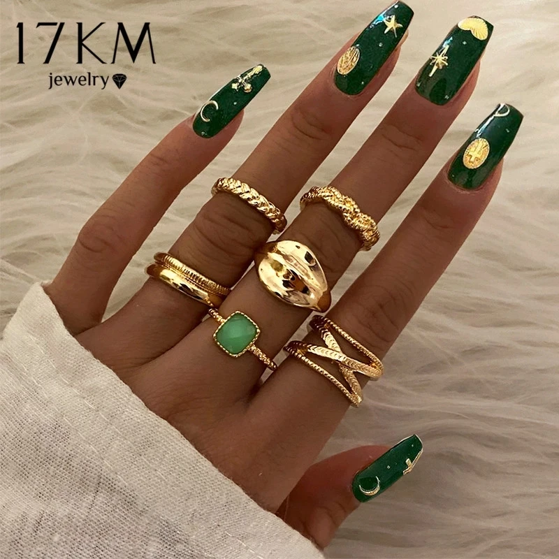 

Trendy Geometric Butterfly Resin Rings Set For Women Girls Bohemian Gold Wide Chain Finger Ring Party Jewelry