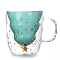 

Green color christmas tree shaped double wall glass mug without lid