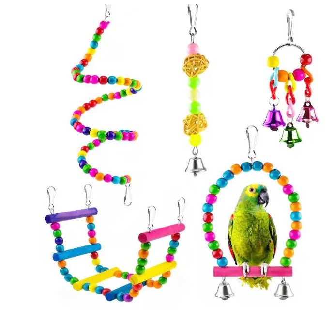 

C&C wholesale custom Parrot toy swing bell string rattan ball bite string 5 pieces set, Colorful