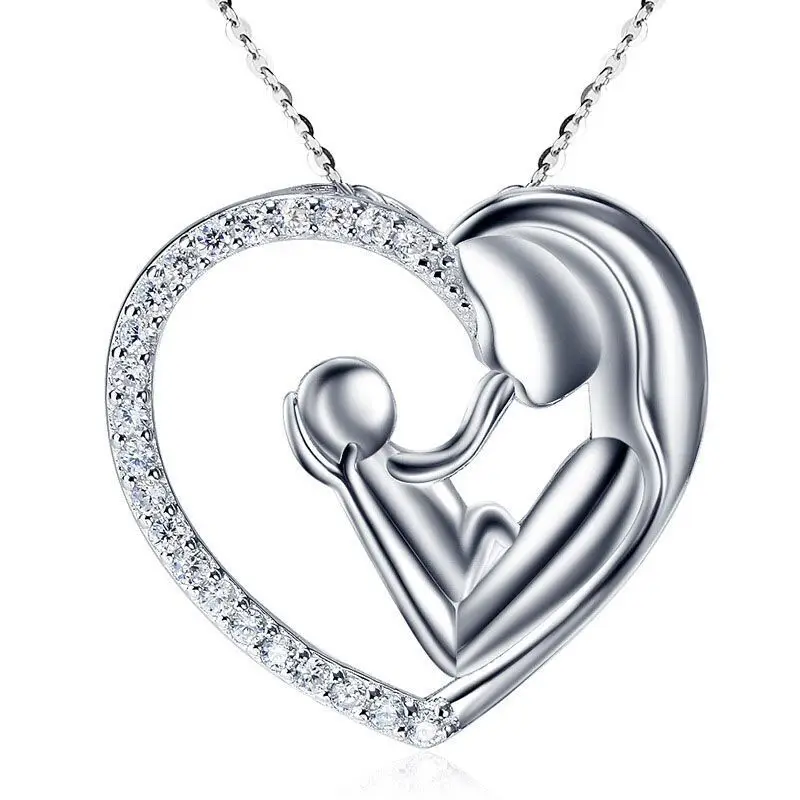 

2020 Newest Mother Days Gift Design Mother Baby Heart Charm Necklaces Cubic Zirconia Heart Necklace For Women