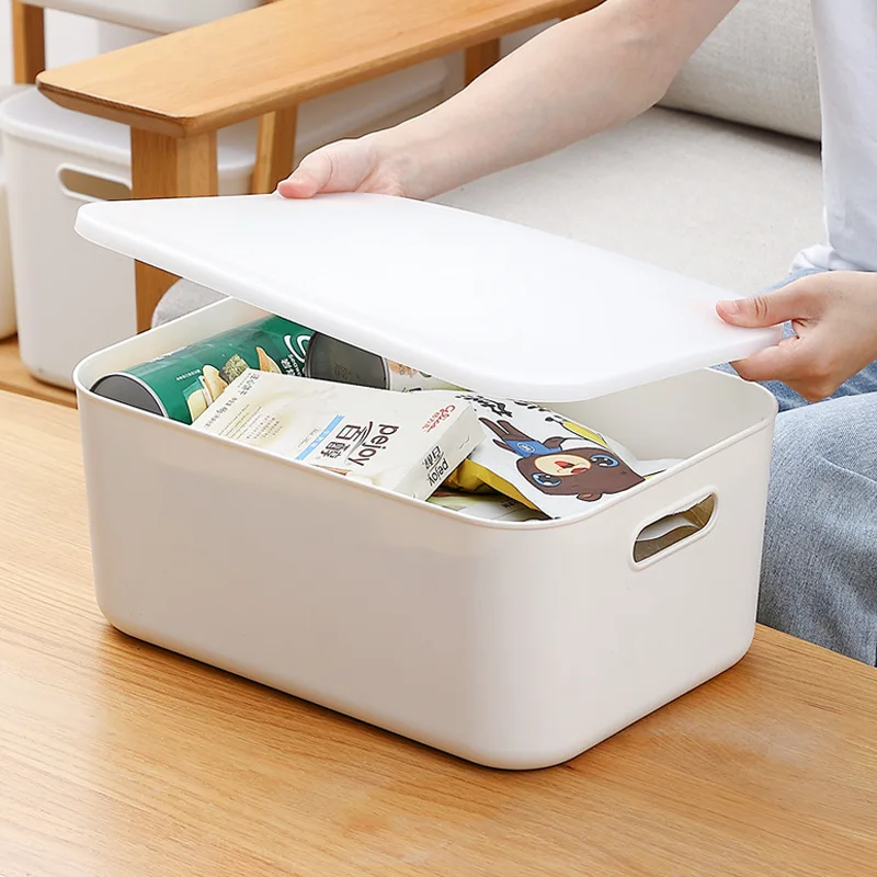 

White Stackable Durabl Plastic Sundries Storage Box Household Snacks Basket with Cover