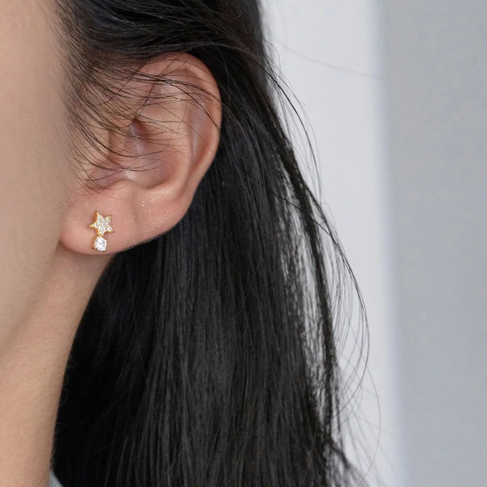 Fashion Korean Jewelry 925 Sterling Silver Full Zircon Star Simple Small Stud Earrings Women 18K Gold Plated Silver Stud Earring