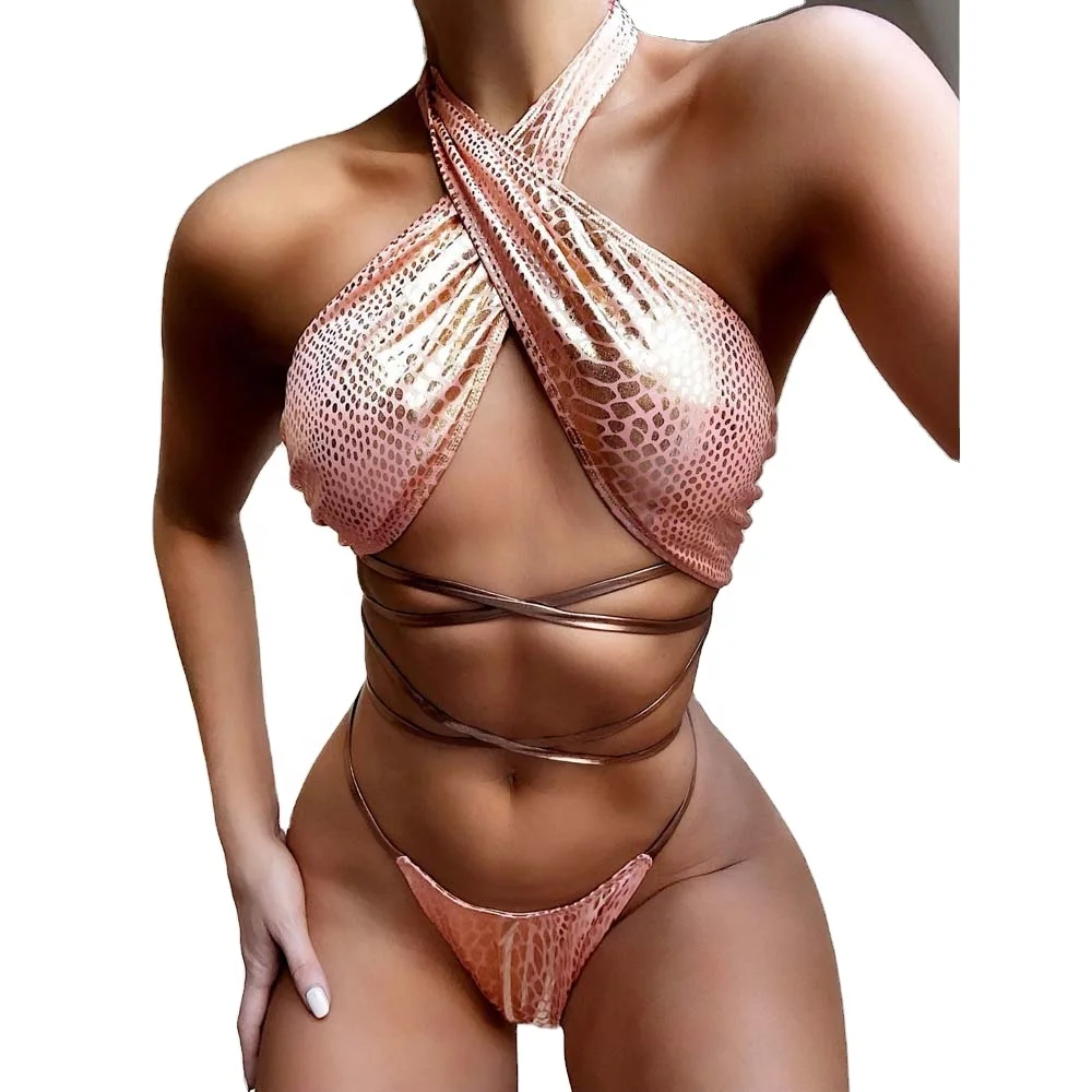 

fashion snake print sexy bandage two piece swimsuit 2020, Gold, silver, pink