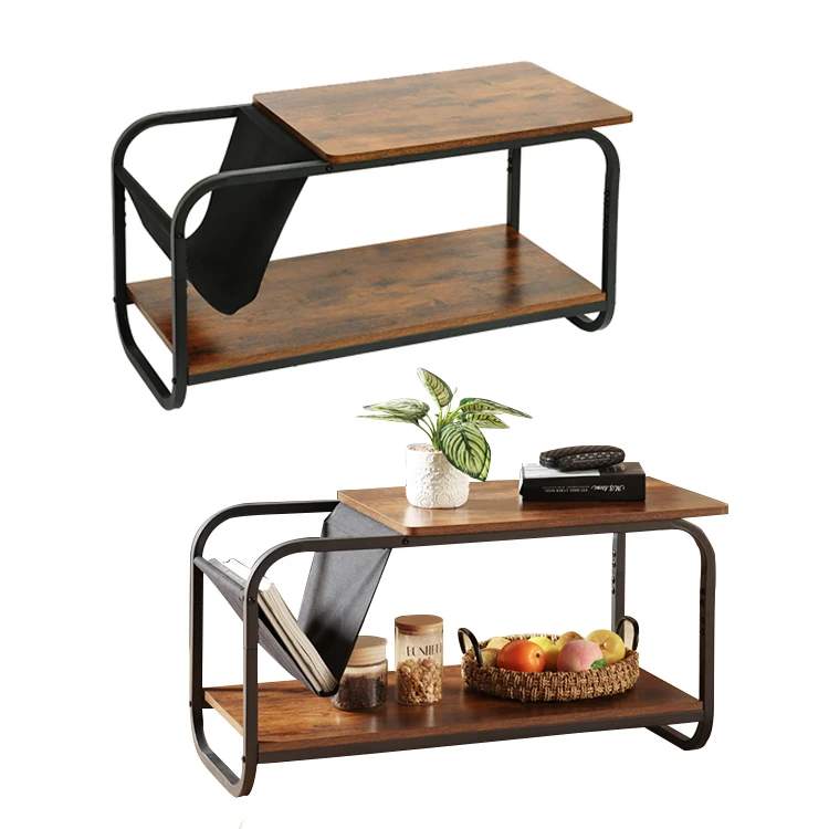 

K&B high quality brown wood industrial 2-tier square coffee table with storage