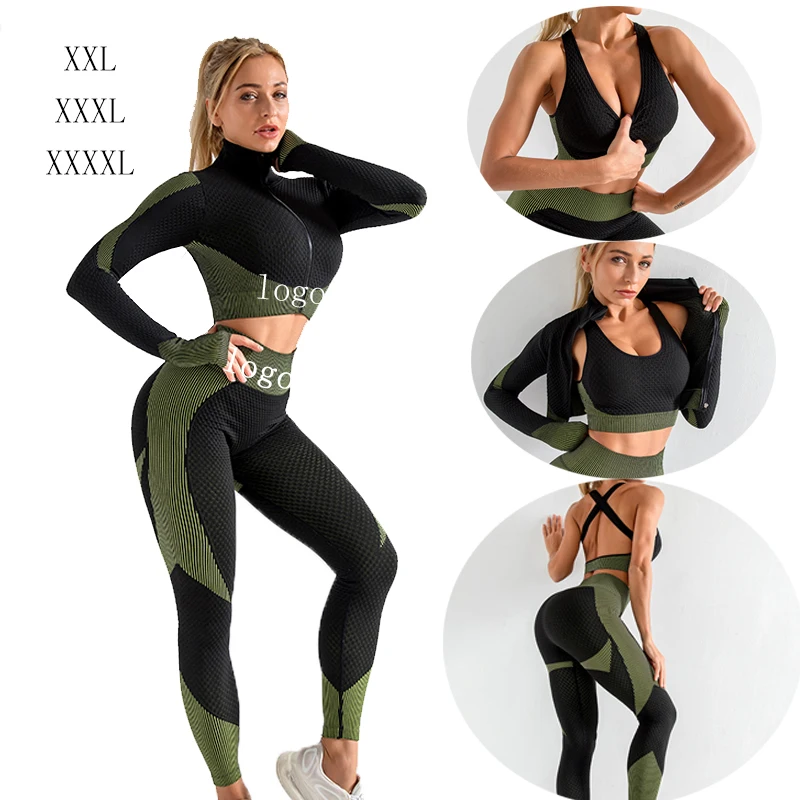 

XXL-XXXXL Women 3 Piece Crop Top Leggings Sports Bra Workout Clothing 3 Pcs Seamless Gym Fitness Sportswear Plus Size Yoga Sets, Customized colors