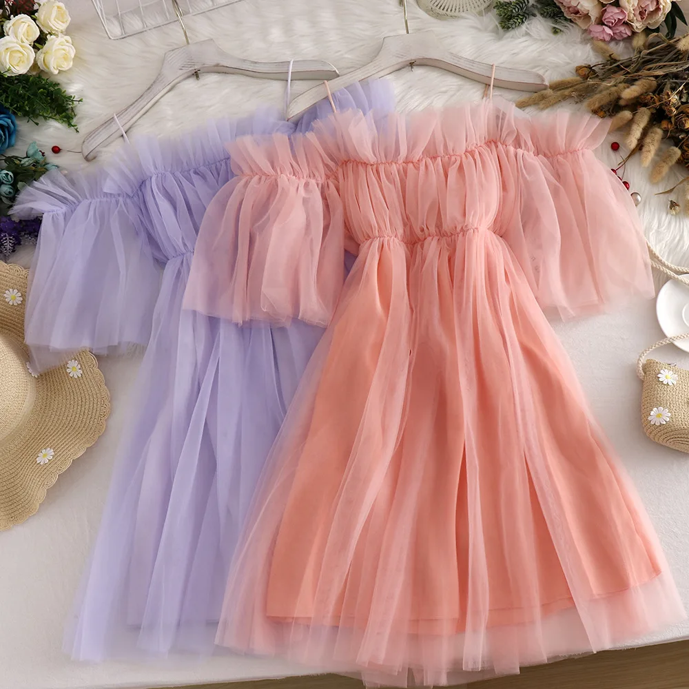 

2021 Summer Elegant Off Shoulder Korean Net Yarn Ruffled Short Dress Girls' Casual Dresses Women Clothes, White,black,pink,purple,apricot