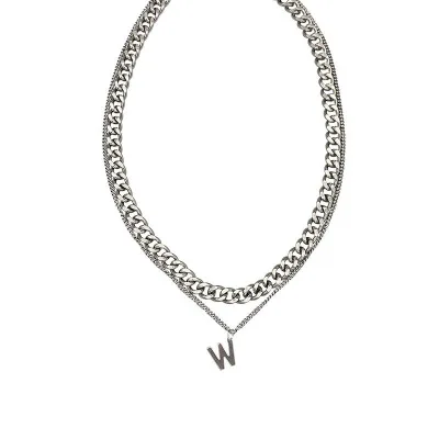 

Hot Sale Stainless Steel Dainty Minimalist Thick Chain Necklace Double English Name Letter Pendant Necklace, Steel color