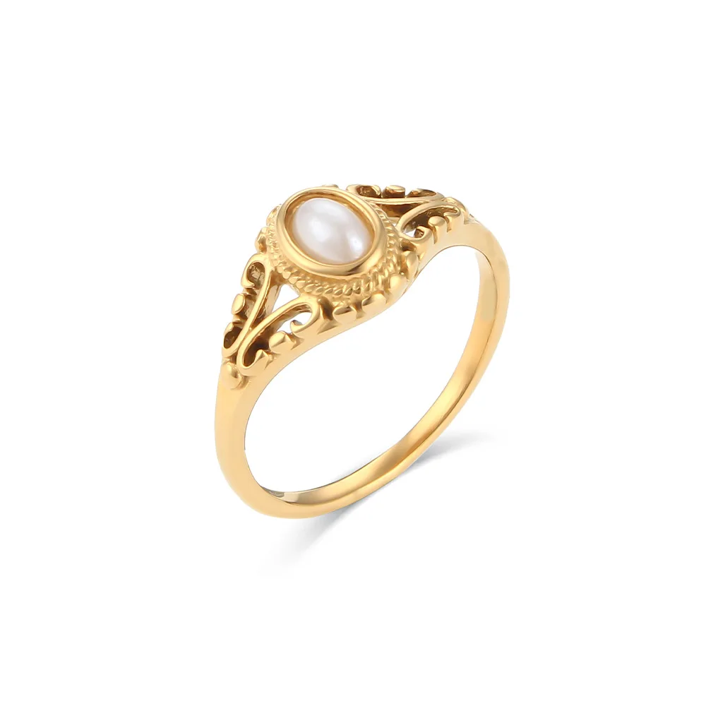 

Fresh Water Pearl Ring Unique Stainless Steel 18K Gold Plated Ring With Freshwater Pearl Daily Jewelry Floral Pattern Pearl Ring