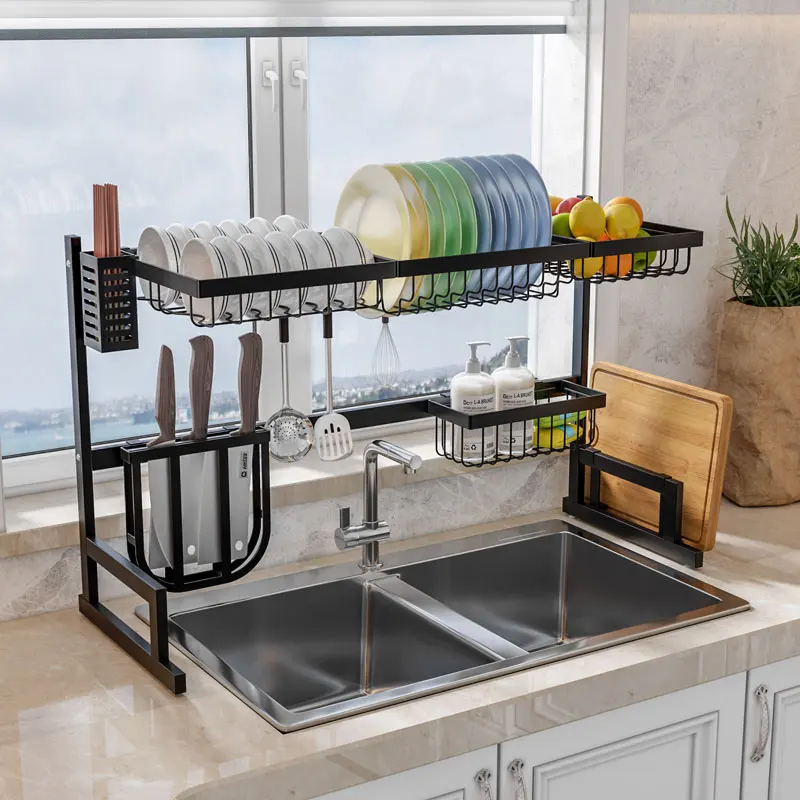 

High Quality Black Color Kitchen 2 Tier Metal Iron Over Sink Dish Drying Rack