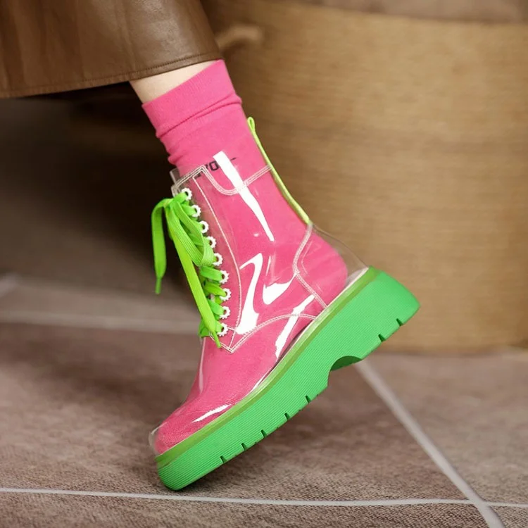 

Handmade High Quality Women's Clear Ankle Boots Round Toe Lace Up Low Heel Transparent Leather Flat Boots New Trending Boots, Yellow,green
